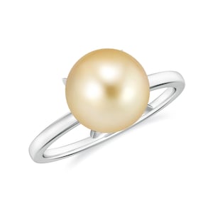 Golden South Sea Pearl 9mm Balls Solitaire Ring, Sterling Silver Gold Plated Prong Set Golden Pearl Rings, Plain Balls band Ring For Womens