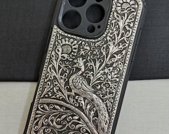 925 Sterling Silver iPhone Case, Silver Cover for iPhone 16 Pro Mobile case, Peacock Carved Luxury Mobile Cover Iphone Daily Use, Gifted