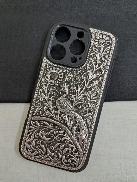 925 Sterling Silver iPhone Case, Silver Cover for iPhone 16 Pro Mobile case, Peacock Carved Luxury Mobile Cover Iphone Daily Use, Gifted