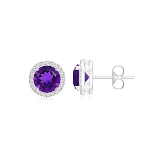 Pendientes de amatista con halo de flores, pendientes de botón de amatista con halo redondo de 1 quilate, pendientes con piedra natal de febrero, pendientes clásicos con halo de gema morada.