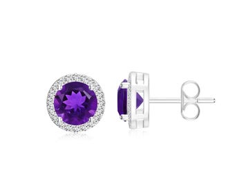 Flower Halo Amethyst Earrings, 1 Carat Round Halo Amethyst Stud Earrings, February Birthstone Earrings, Classic Purple Gem Halo Earrings