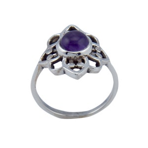 Purple Amethyst Round Cabochon Ring, 925 Solid Silver Floral Design Ring, Amethyst Ring Birthstone Ring For Women, Solitaire Engagement Ring