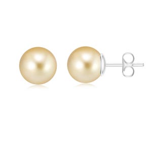 Golden South Sea Pearl Earrings Studs, AAA 6 To 10mm Balls Studs, 925 Sterling Silver Earrings for Women, Golden Pearl Studs For Men & Women