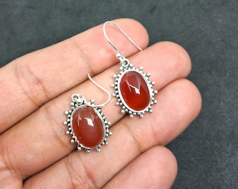 Red Blood Stone Earring, 92.5 Sterling Silver Dangle Drop Earring, Bridesmaid Gemstone Earring, Handmade Jewelry, Gift For Her, For Mother,