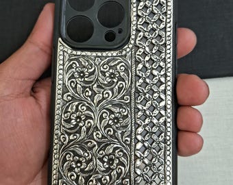 Oxidized Carved 925 Sterling Silver  Iphone 16 Back Case Cover, Handmade I Phone Cover, Oxidized Phone Covers, Birthday Gift, Groom Gift
