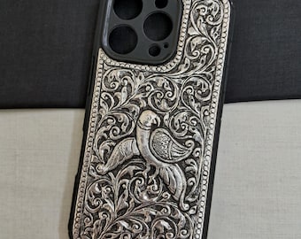 I Phone 16 Pro Back Silver Case Cover, Handmade Phone Cover, Oxidized Carved IPhone 16 Pro Covers, Anniversary Gift, Bride Groom Silver Gift