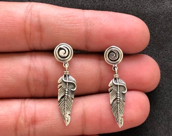 Oxidized Spiral Feather / Leaf Earring Studs, 925 Sterling Silver Studs, Handmade Drop Earrings, Gift For Mother - Her, Bridal Gift, Christm