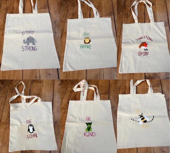 Hand Stitched Embroidery Animal and positive quote Tote bag