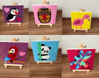Hand Oil painted and drawn Animal themed brightly coloured small canvas paintings with easels