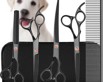 Professional 4CR Grooming Scissors for Dogs, 6 in 1 Heavy Duty Titanium Coated Sharp Straight丨Thinning丨Curved Scissors Set