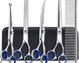 Gimars Professional 4CR Stainless Steel 6 in 1 Grooming Scissors for Dogs with Safety Round Tip, Heavy Duty Pet Grooming Scissors