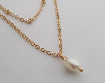 18k Gold Necklace With Faux Pearl , Layered Gold Necklace, Dainty Pearl Necklace, Minimalist Necklace, Gold Pearl Necklace