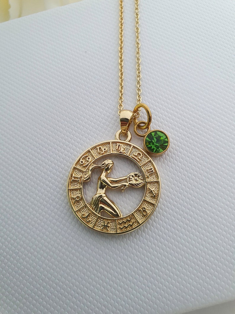 14k Gold Zodiac Pendant Necklace With Birthstone, Constellation Star Sign Necklaces, Zodiac Birthstone Necklace Gold Constellation Necklace 