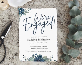 Spring Engagement Announcement Template – Watercolor Florals & Greenery, Navy Design (Digital Download) – MADALYN SPRING