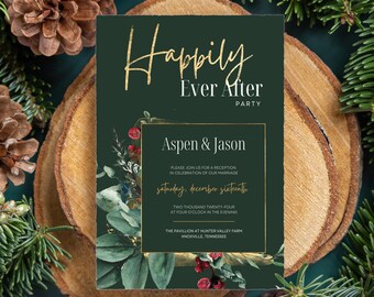 Winter Wonderland Reception Invitation Template – Emerald Green, Gold Foliage Design (Digital Download) – ASPEN