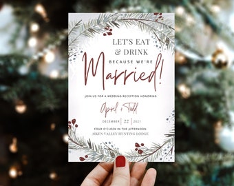 Winter Wedding Reception Invitation Template – Watercolor Garland & Holly Berries (Digital Download) – APRIL