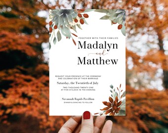 Fall Wedding Invitation Template – Watercolor Florals & Autumn Foliage, Rustic Design (Digital Download) – MADALYN FALL