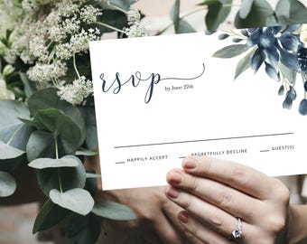 Spring Wedding RSVP Card Template – Watercolor Florals & Greenery, Navy Design (Digital Download) – MADALYN SPRING