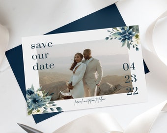 Spring Save the Date Template – Watercolor Florals & Greenery, Navy Design (Digital Download) – MADALYN SPRING