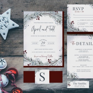 APRIL Winter Wedding Invitation Bundle, Christmas Wedding Invitation Template Set, Watercolor Printable image 1