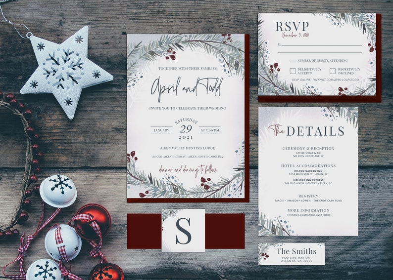 APRIL Winter Wedding Invitation Bundle, Christmas Wedding Invitation Template Set, Watercolor Printable image 1