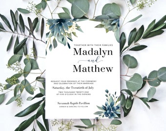 Spring Wedding Invitation Template – Watercolor Florals & Greenery, Navy Design (Digital Download) – MADALYN SPRING
