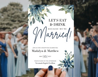 Spring Wedding Reception Invitation Template – Watercolor Florals & Greenery, Navy Design (Digital Download) – MADALYN SPRING