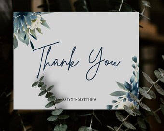 Wedding Thank You Card Template – Watercolor Florals & Greenery, Navy Design (Digital Download) – MADALYN SPRING