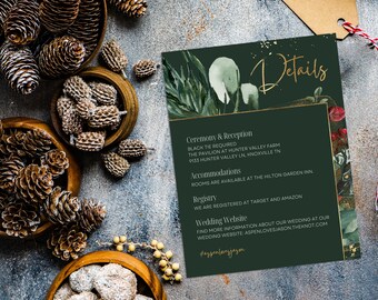 Emerald Green Wedding Details Card Template – Gilded Foliage, Winter Design (Digital Download) – ASPEN