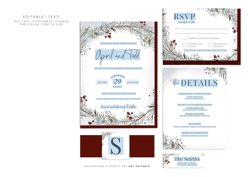 APRIL Winter Wedding Invitation Bundle, Christmas Wedding Invitation Template Set, Watercolor Printable image 3
