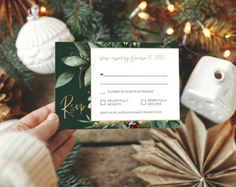 Emerald Green Wedding RSVP Card Template – Gilded Foliage, Winter Design (Digital Download) – ASPEN