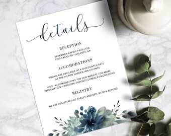 Spring Wedding Details Card Template – Watercolor Florals & Greenery, Navy Design (Digital Download) – MADALYN SPRING