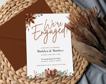 Engagement Invitation – Autumn Floral Watercolor Engagement Party Invite, Editable Canva Template (Digital Download) - MADALYN FALL