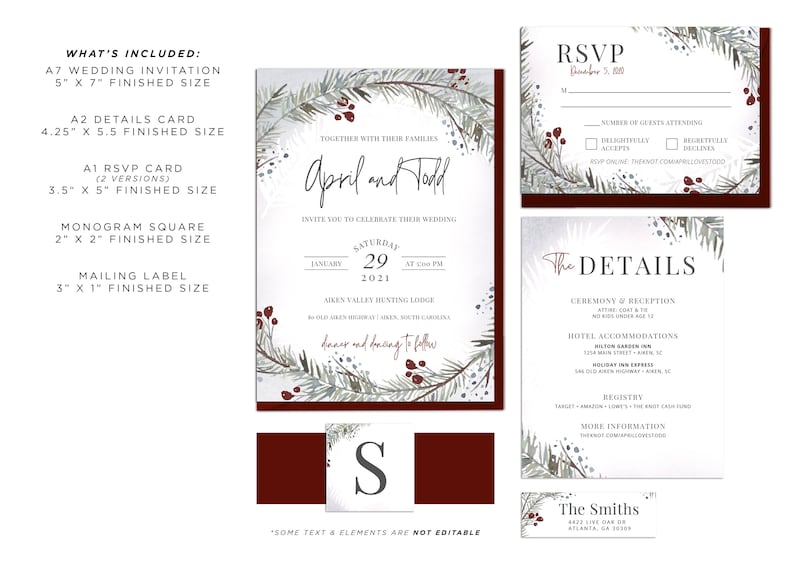 APRIL Winter Wedding Invitation Bundle, Christmas Wedding Invitation Template Set, Watercolor Printable image 2