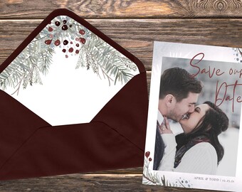 APRIL – Winter Wedding Euro Flap Envelope Liner, Christmas Berries, Printable