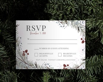 Winter Wedding RSVP Card Template – Watercolor Garland & Holly Berries (Digital Download) – APRIL