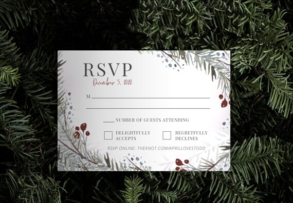 Winter Wedding RSVP Card Template – Watercolor Garland & Holly Berries (Digital Download) – APRIL