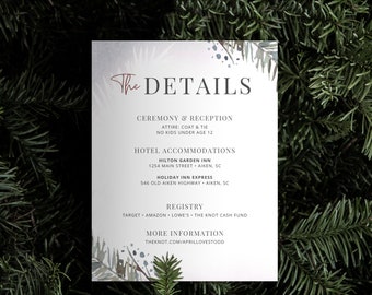 Winter Wedding Details Card Template – Watercolor Garland & Holly Berries (Digital Download) – APRIL