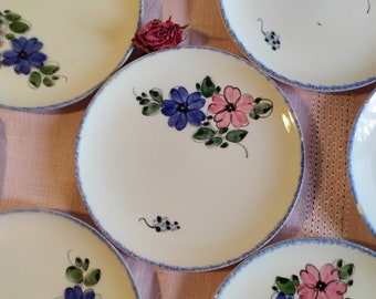 Lot de six assiettes (plus 5 offertes) à dessert au décor fleuri avec un fin liseré bleu. Fabrication allemande, vaisselle vintage, brocante