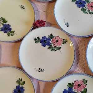 Lot de six assiettes plus 5 offertes à dessert au décor fleuri avec un fin liseré bleu. Fabrication allemande, vaisselle vintage, brocante image 1