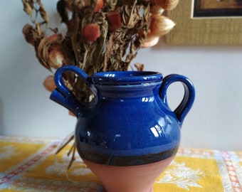 Amphore bleu en terre cuite, poterie artisanale vintage, décoration pour l'intérieur et l'extérieur. Cruche à eau bleu profond, pichet à eau