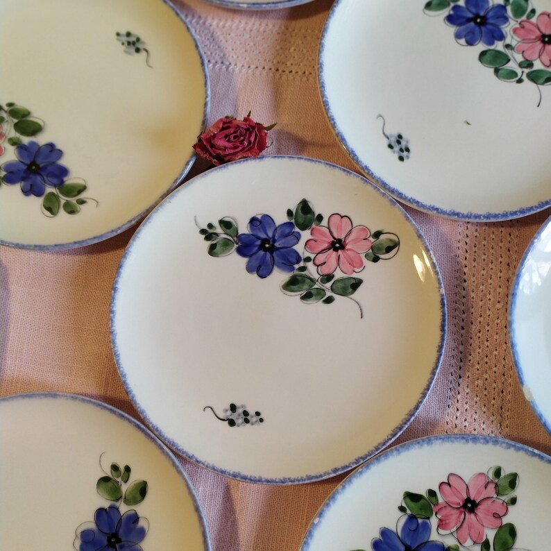Lot de six assiettes plus 5 offertes à dessert au décor fleuri avec un fin liseré bleu. Fabrication allemande, vaisselle vintage, brocante image 1