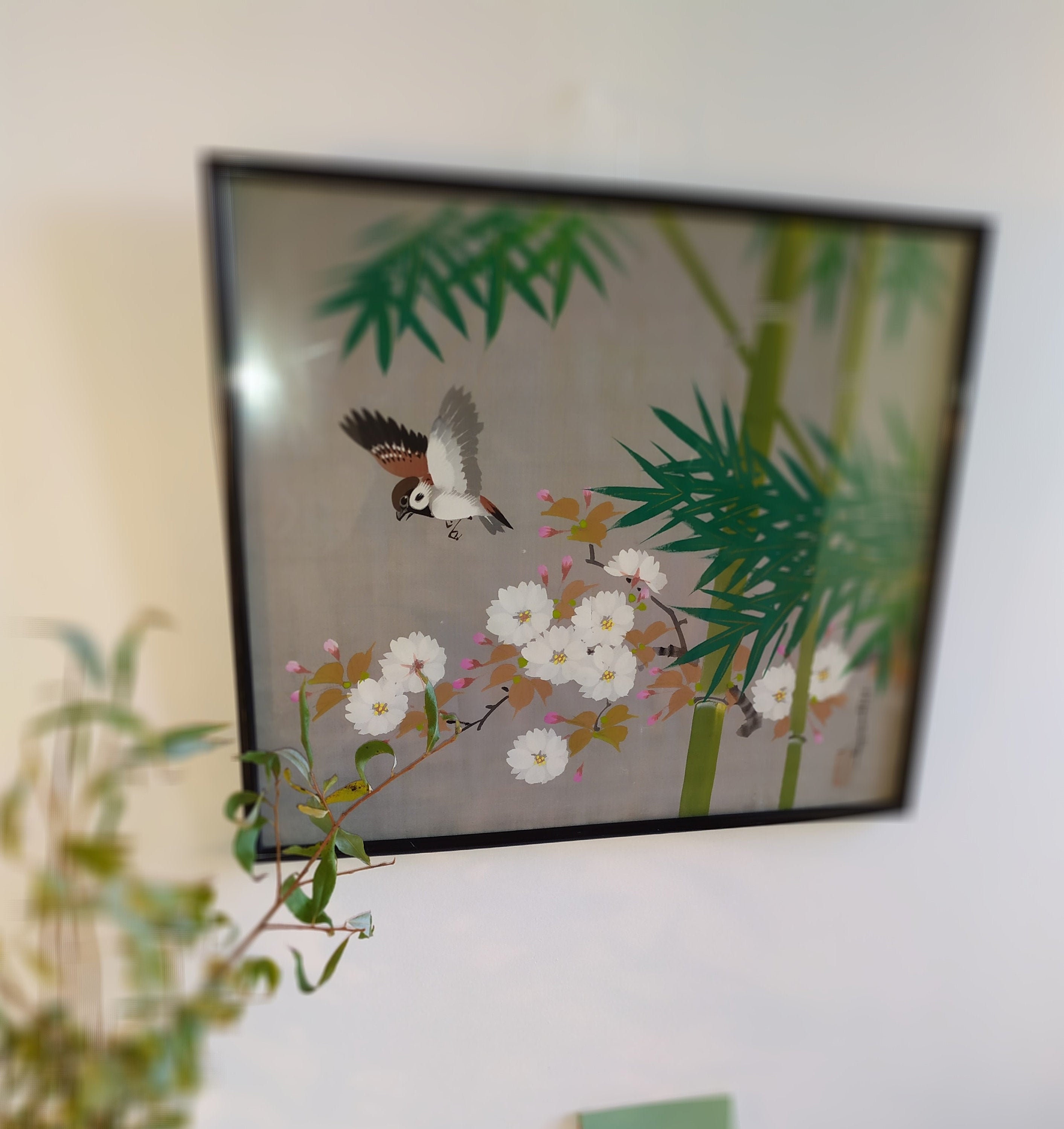 Tableau Fleurs et Oiseau sur Tissu