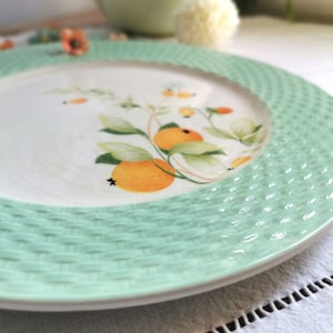 Peut inclure: Une assiette en céramique blanche avec un bord vert et un motif tissé. Le centre de l'assiette présente un motif peint de fruits d'agrumes et de feuilles.