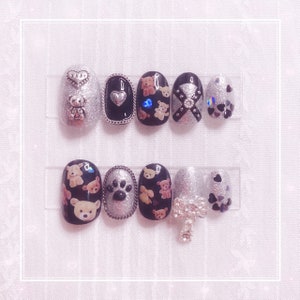 Yami Kawaii Kuma teddy bear Jirai kei cute Japanese nail art anime character press on nails
