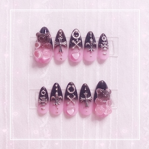 Black pink Gradation Soft Grunge Gothic Jirai jfashion Yami Kawaii Japanese press on nails