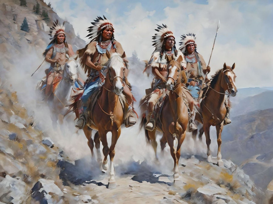 インディアンの戦士 水彩画と装飾品 平和のパイプ 平和の象徴