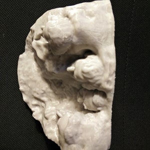 Pu&ograve; includere: Un modello 3D stampato in bianco di una formazione rocciosa con una superficie testurizzata.