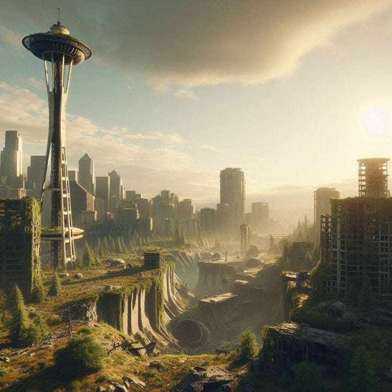 Post Apocalyptic American City Seattle Washington Plaza Ruins Poster ...