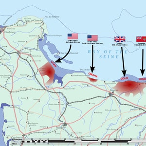 Dデイ上陸作戦の地図 第二次世界大戦 フランス侵攻図 1944年 24 x 15インチ